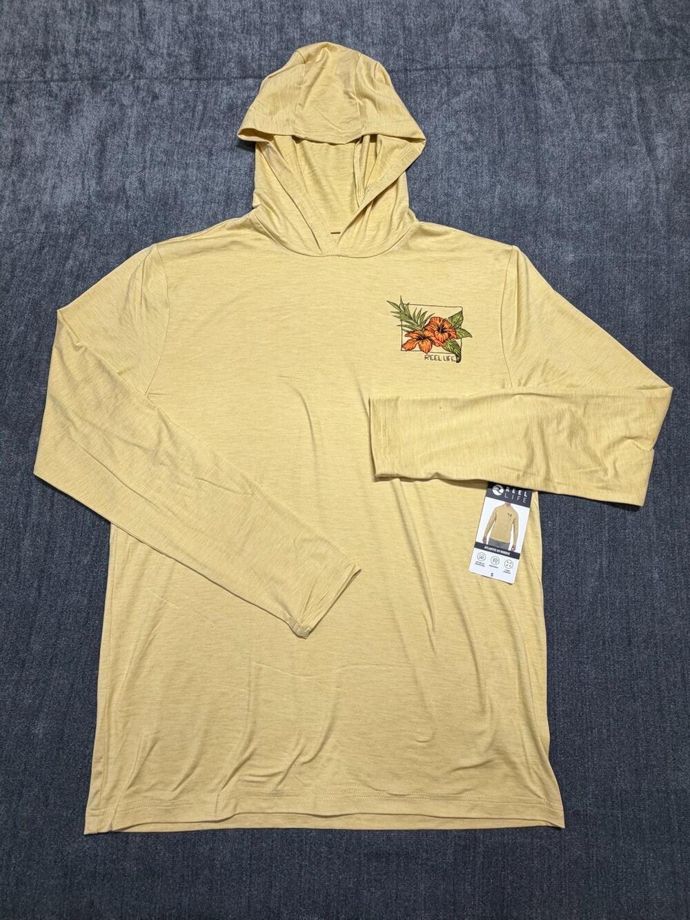 NWT Reel Life Atlantic Hooded UV T-Shirt Men's Small Yellow Long Sleeve Pullover